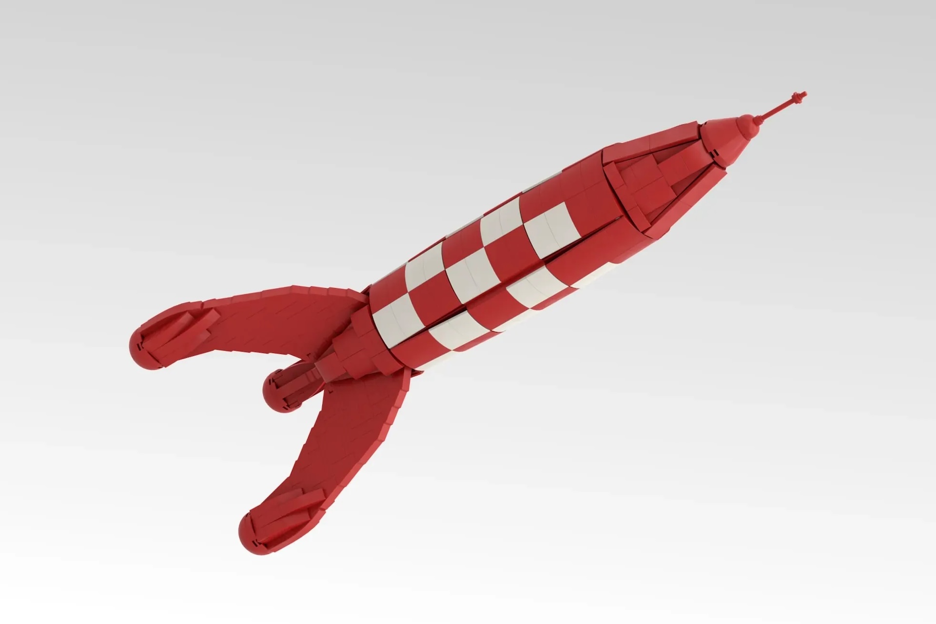 The Tintin LEGO rocket set from multiple angles with the tower