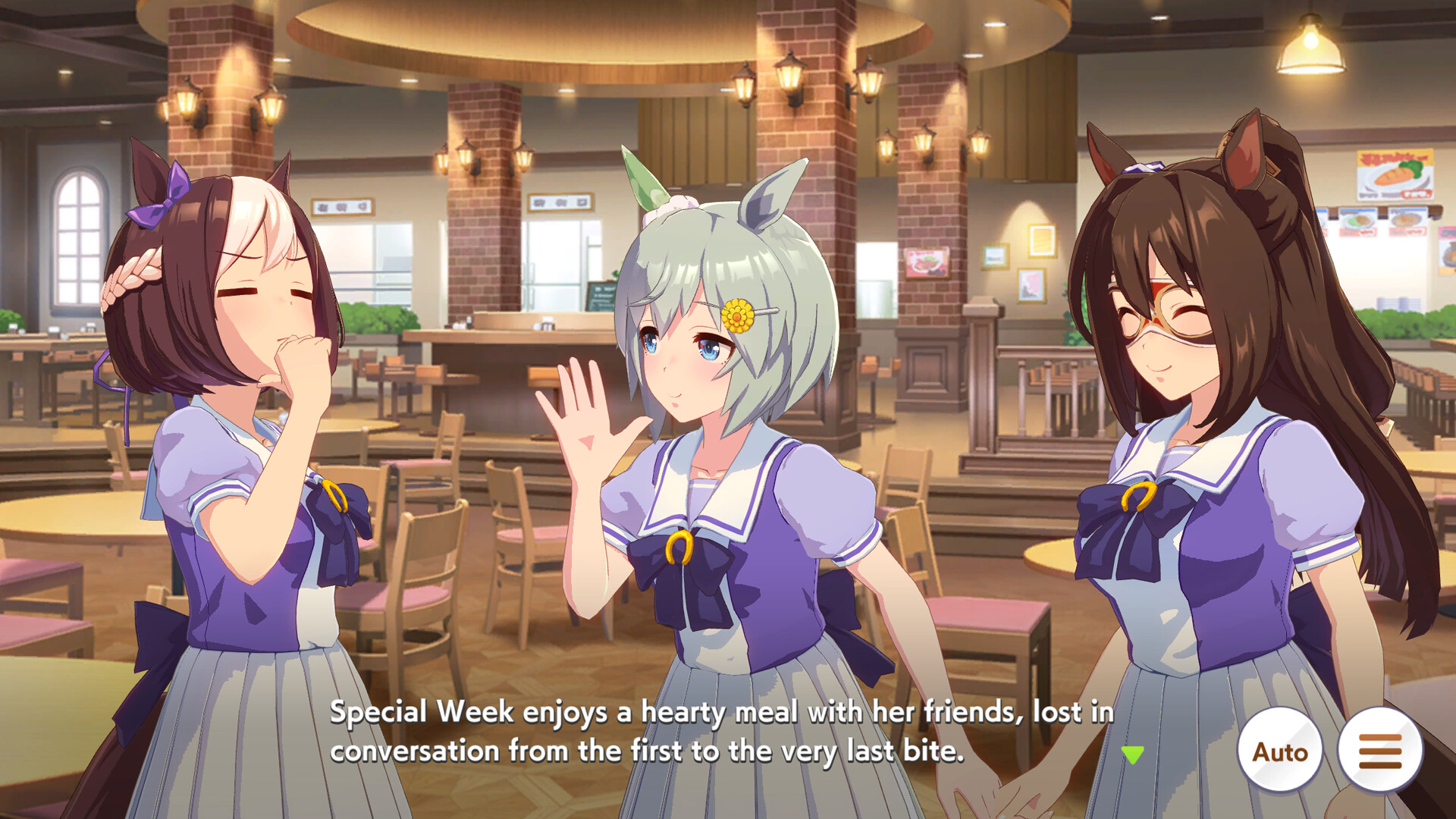 Horse girl Special Week enjoys a meal with her friends in a cafe in Umamusume: Pretty Derby