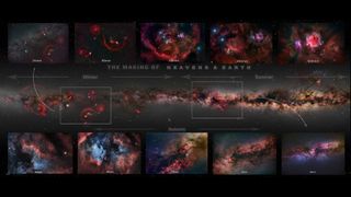 A deep-sky panorama composed of thousands of images, surrounded by zoomed-in snapshots of various celestial objects