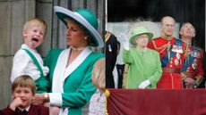 L: Royal Family member Prince Harry sticking his tongue out as his Mother, Diana Princess of Wales holds him on the balcony at Buckingham Palace, R: Queen Elizabeth II watches the RAF flypast from the balcony of Buckingham Palace