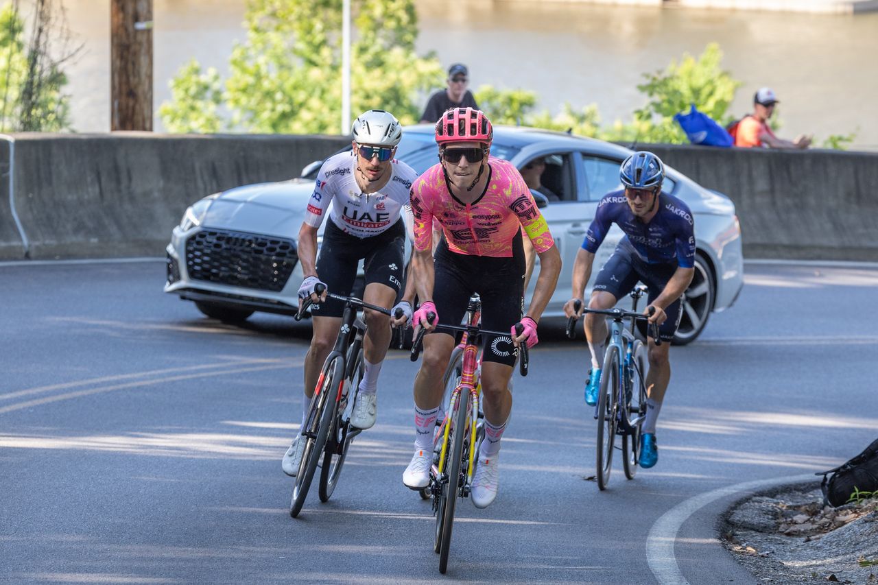 By the first climb on the final lap the lead group had dwindled to four riders, and the two EF Education-EasyPost riders (Powless and Quinn) took turns relentlessly attacking McNaulty and McGill