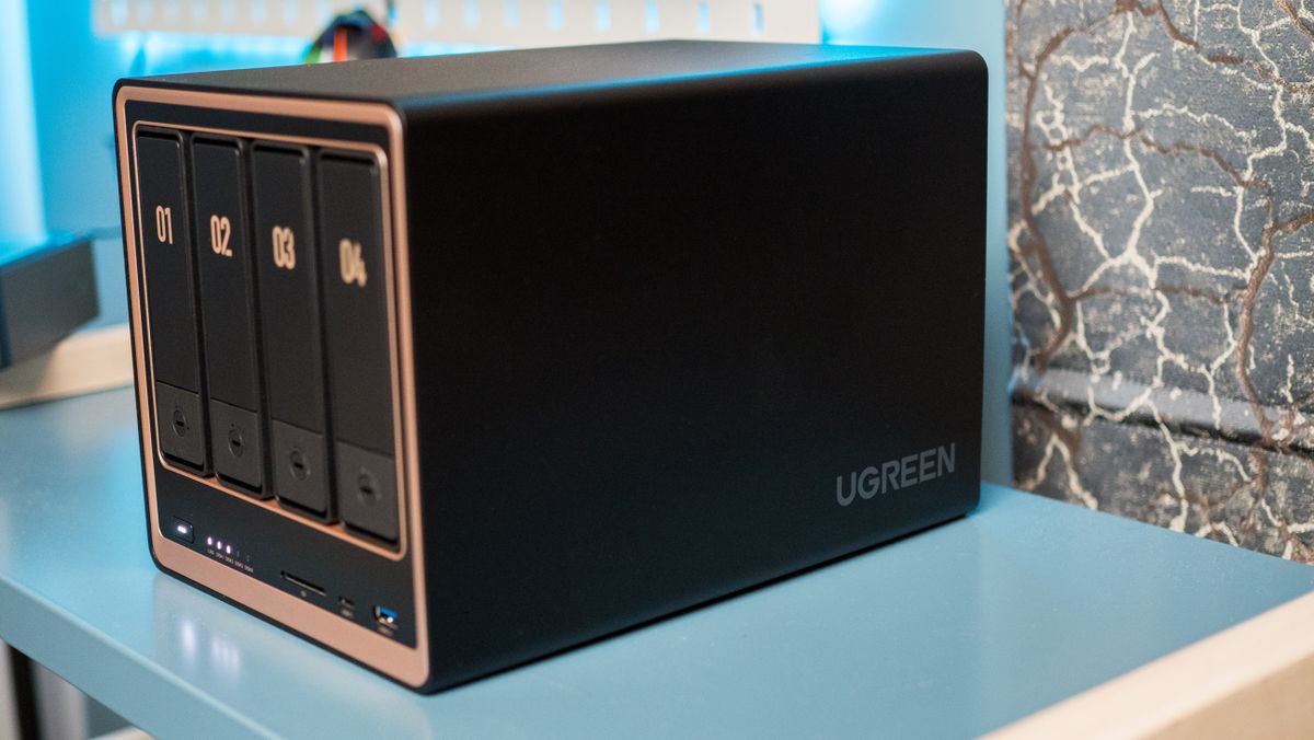 UGREEN DXP4800 GT 4-bay NAS on an IKEA shelf showcasing the design