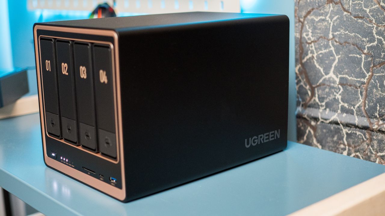 UGREEN DXP4800 GT 4-bay NAS on an IKEA shelf showcasing the design