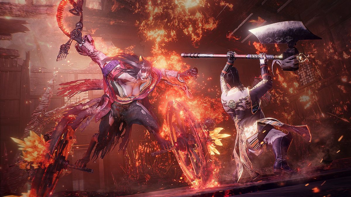 The cat-like Kasha yokai spins on fiery wills with a flaming whop towards the player in Nioh 3
