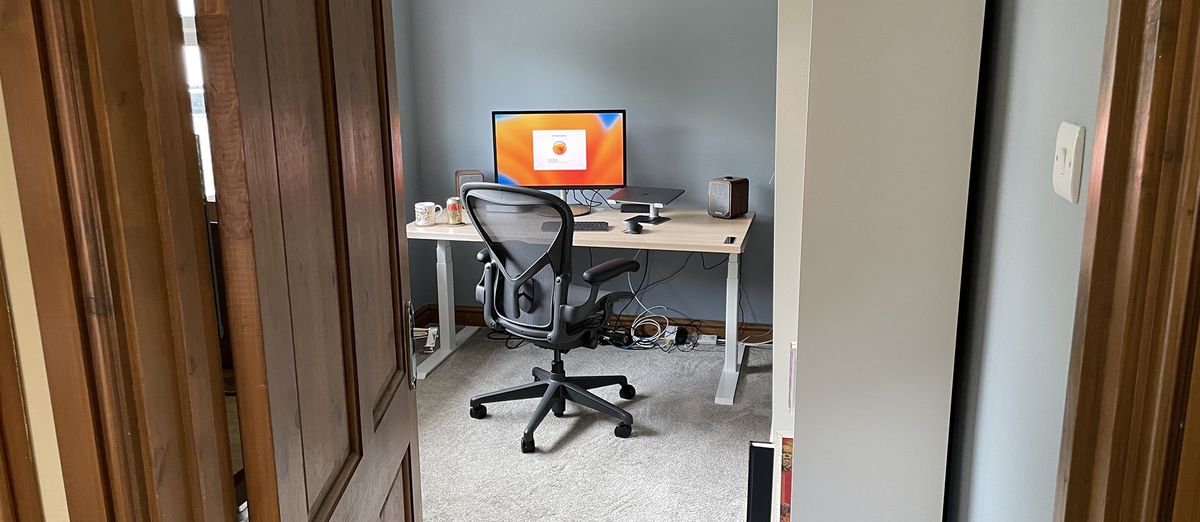 A full shot of my desktop set up, with the Sway Standing Desk. 