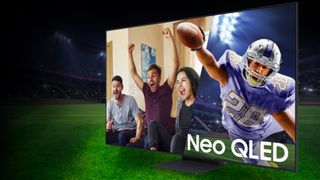 Samsung QLED TV on a Super Bowl football background