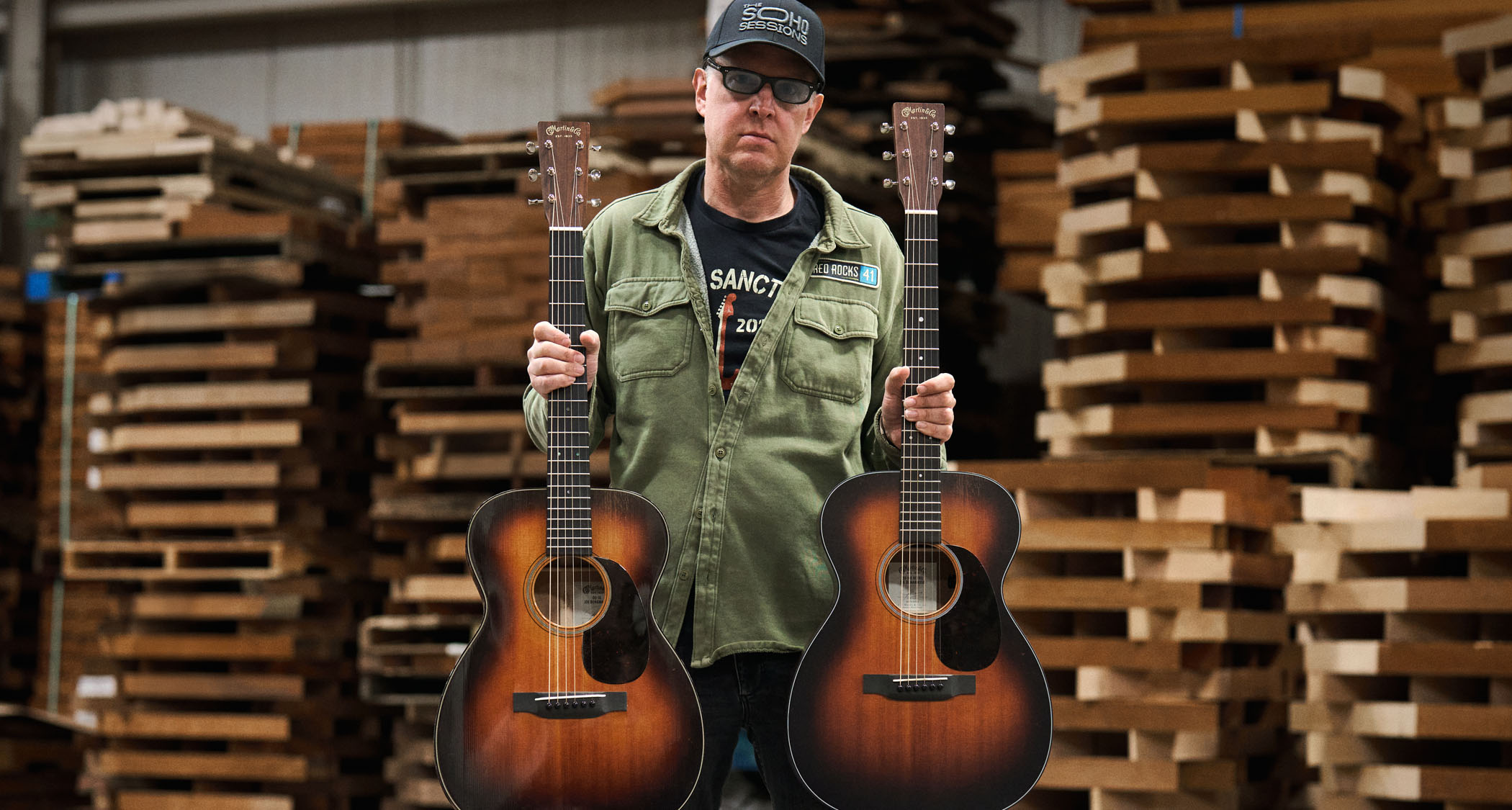 Joe Bonamassa with his two new signature Martin acoustics