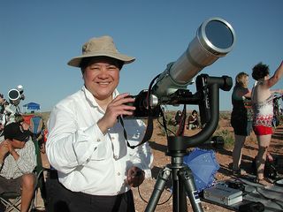 Imelda Joson endured the desert heat to document the Moon’s passage across the sun with her portable Takahashi FC-60 telescope fitted with a Thousand Oaks metal-coated glass filter.