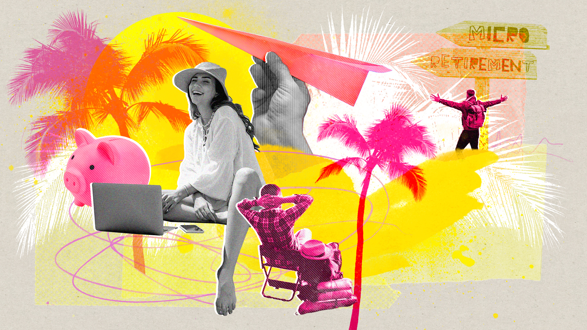 A collage depicting remote workers surrounded by palm trees, a piggy bank, a paper airplane, and beach scenes