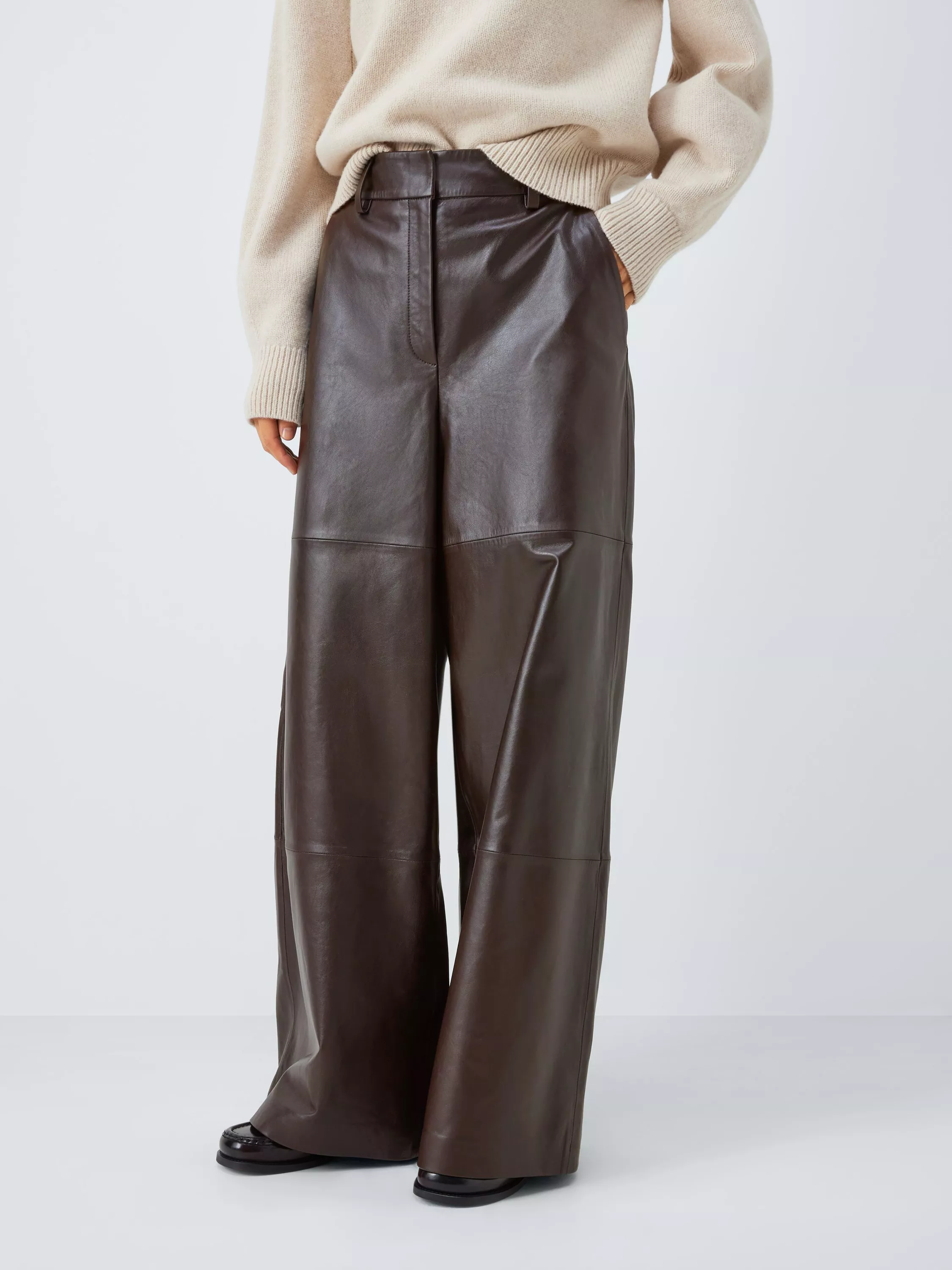 John Lewis Wide Leg Leather Trousers, Chocolate