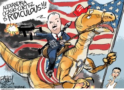 Political Cartoon U.S. Green New Deal Alexandria Ocasio-Cortez Mike Lee Utah MAGA Dinosaur