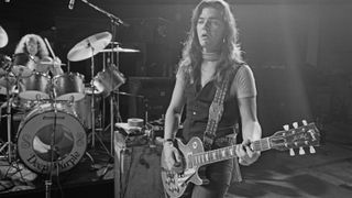 Tommy Bolin (1951-1976) from rock group Deep Purple rehearse at Columbia rehearsal studios in Los Angeles prior to their tour of Asia in November 1975
