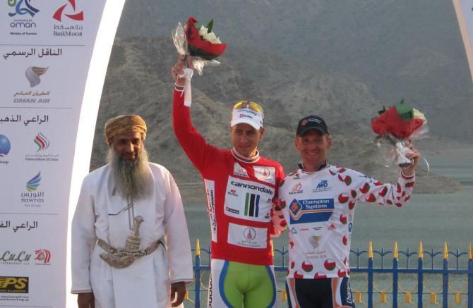 Tour of Oman leader Peter Sagan (Cannondale) and most aggressive rider Bobbie Traksel (Champion System) on the podium.