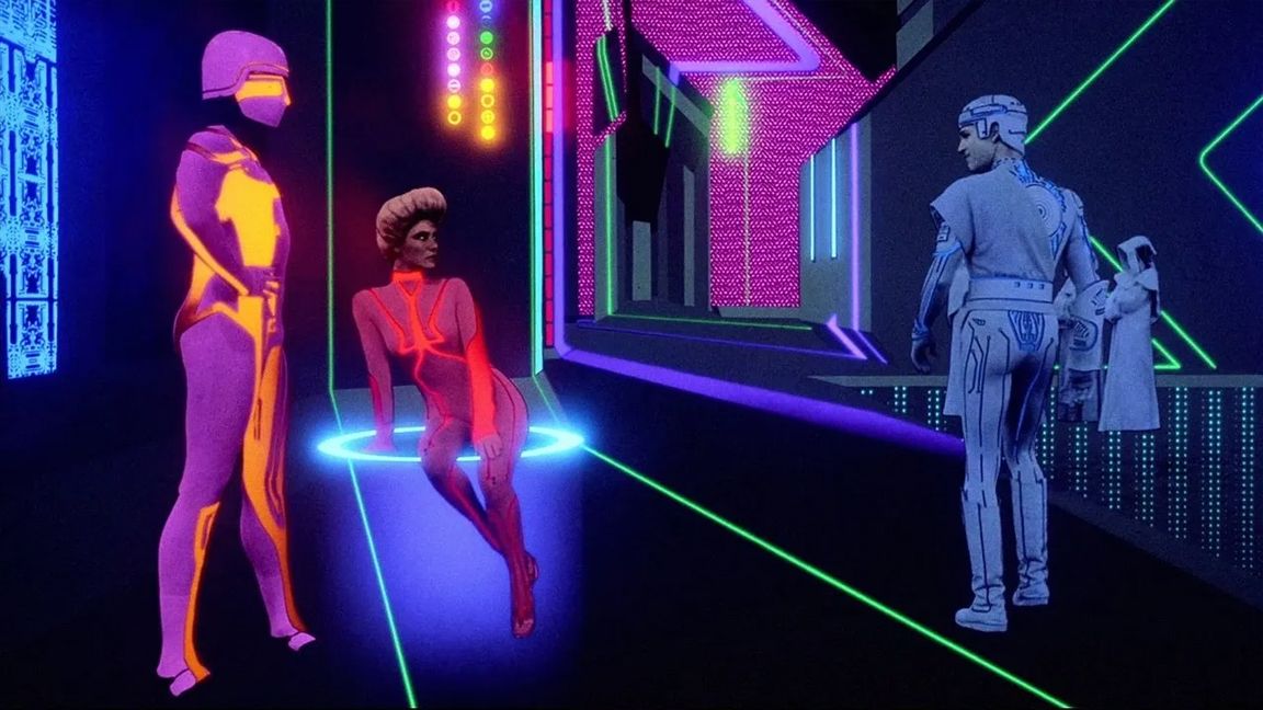 Best CGI movies of the 80s; a neon street in the film Tron