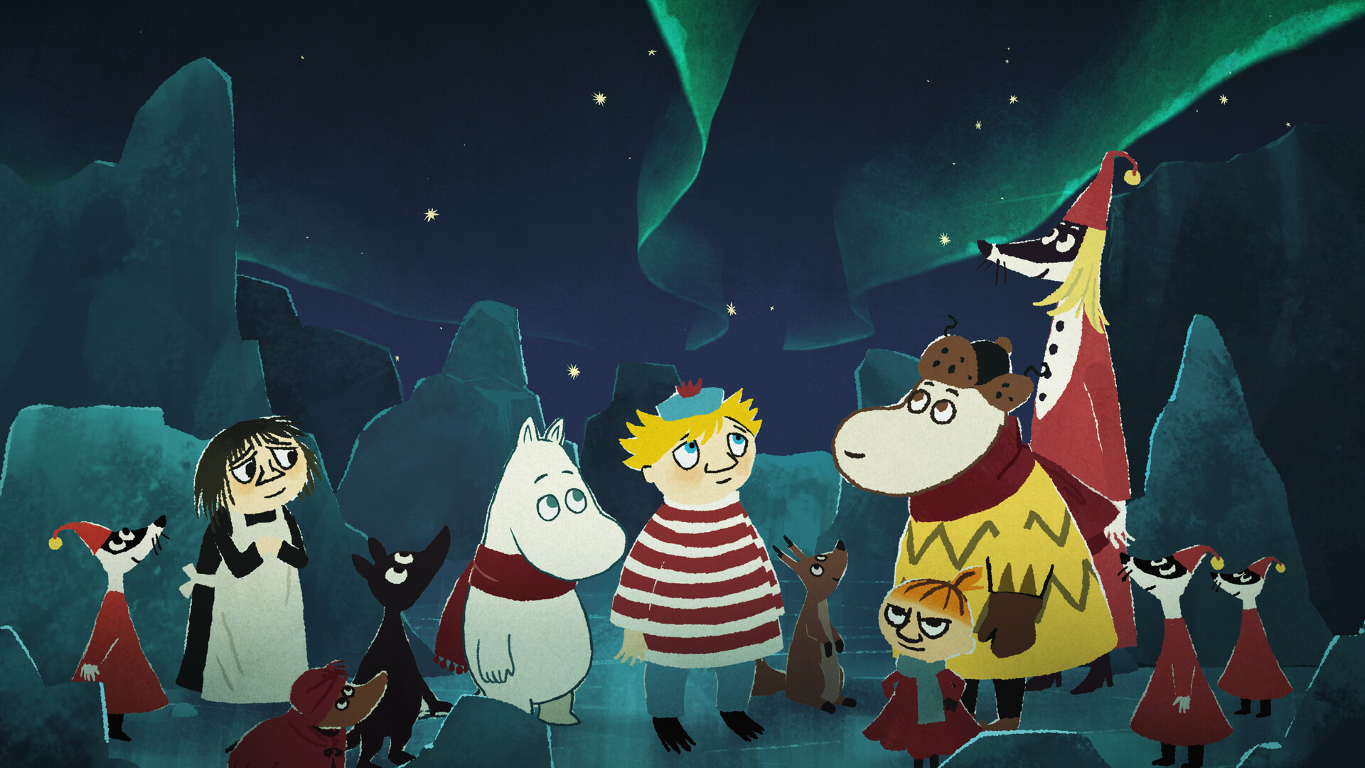 In adventure game Moomintroll: Winter's Warmth, Moomin stands with a cast of friends wrapped up in winter clothes as they watch the Aurora in the starry night's sky above
