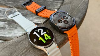 The Samsung Galaxy Watch 7 (left, silver) and Samsung Galaxy Watch Ultra (right, black) side-by-side