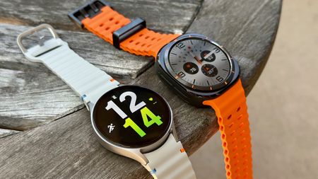 The Samsung Galaxy Watch 7 (left, silver) and Samsung Galaxy Watch Ultra (right, black) side-by-side