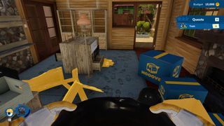 A House Flipper 2 player holds a mop bucket while looking at a bootprint-covered carpet.