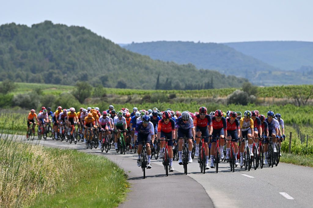 GRUISSAN FRANCE JUNE 15 LR Omer Goldstein of Israel and Team Israel Premier Tech Joshua Tarling of The United Kingdom and Team INEOS Grenadiers Chris Froome of The United Kingdom and Team Israel Premier Tech and Filippo Ganna of Italy and Team INEOS Grenadiers lead the peloton during the 47th La Route DOccitanieLa Depeche Du Midi 2023 Stage 1 a 1843km stage from Narbonne to Gruissan on June 15 2023 in Gruissan France Photo by Luc ClaessenGetty Images