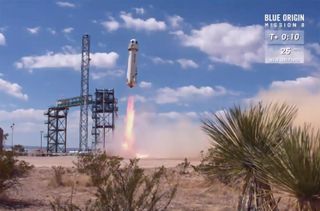 Blue Origin's New Shepard 2.0 rocket and capsule launch to space during a successful test flight from West Texas on April 29, 2018.