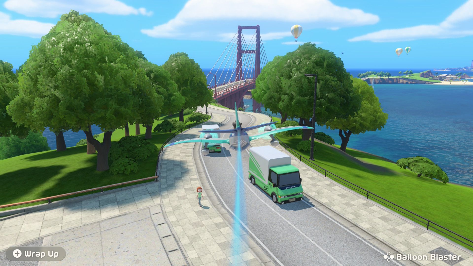 A screenshot showing a person flying around a prop plane over Wuhu Island in Nintendo Switch Sports Resort
