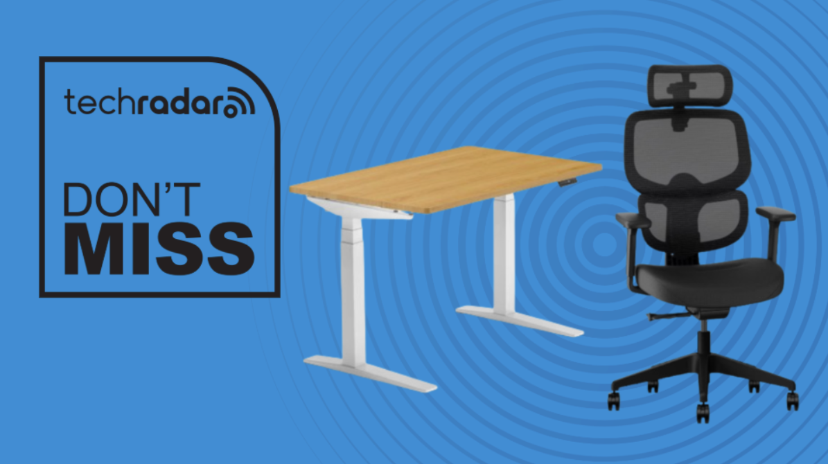 FlexiSpot C7 office chair and FlexiSPot E7 Pro desk on a blue background next to a TechRadar badge reading 'Don't Miss'