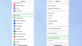 iOS Settings app with General and Transfer or Reset iPhone highlighted