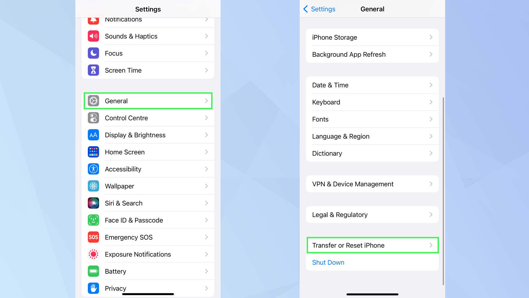 iOS Settings app with General and Transfer or Reset iPhone highlighted