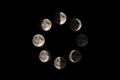 The Moon, Moon Phases on a black background. The whole cycle from