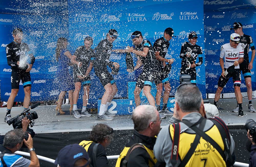 Team Sky celebrate with champagne after winning the team general classification after stage eight of the 2015 Amgen Tour of California