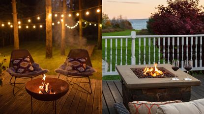 A composite image demonstrating fire pits vs fire tables, a fire pit in front of chairs in a cabin garden, and a fire table on a deck overlooking the sea