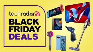 A selection of tech products including LG C4 OLED TV, Apple iPad 10.2, Dyson V10, Dyson Supersonic, Pixel 8 Pro, Nextbase iQ and Nintendo Switch on a yellow background next to text reading 'Black Friday deals'