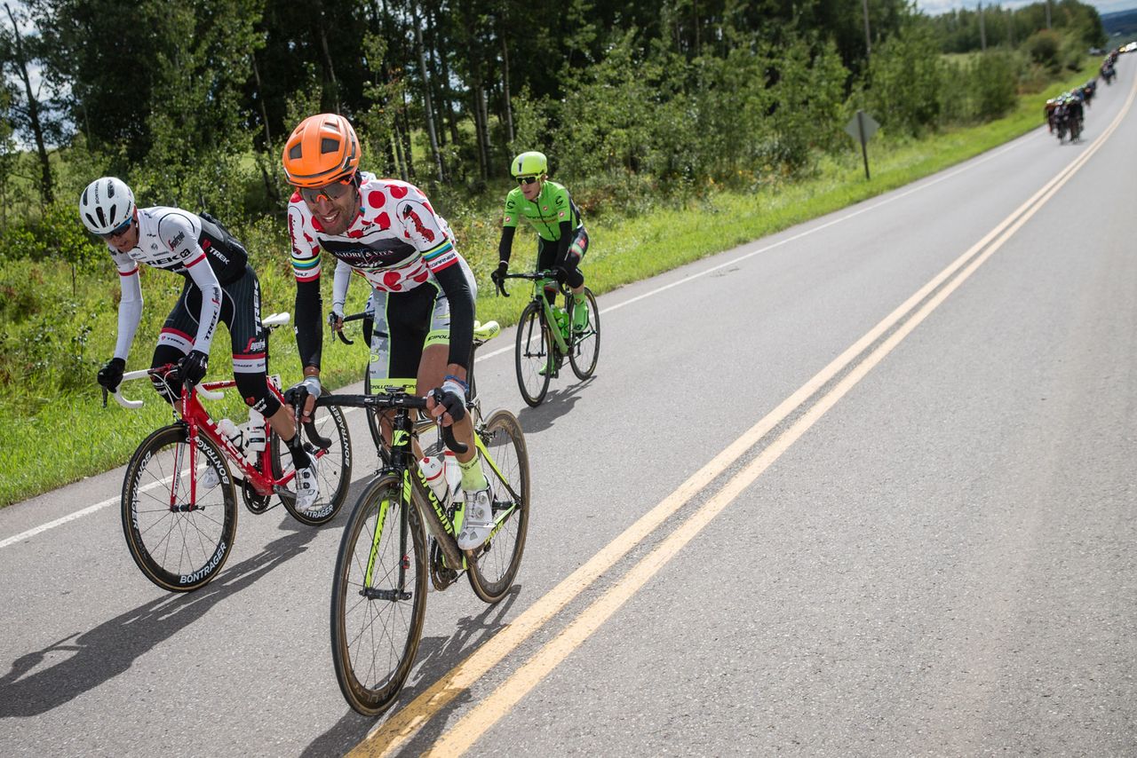 Danilo Celano (Amore &amp; Vita) collects climbing points to keep the KOM jersey during stage 3 at the Tour of Alberta