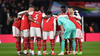 The Arsenal team huddle ahead of the Premier League match between Tottenham Hotspur and Arsenal on 15 January, 2023 at the Tottenham Hotspur Stadium in London, United Kingdom