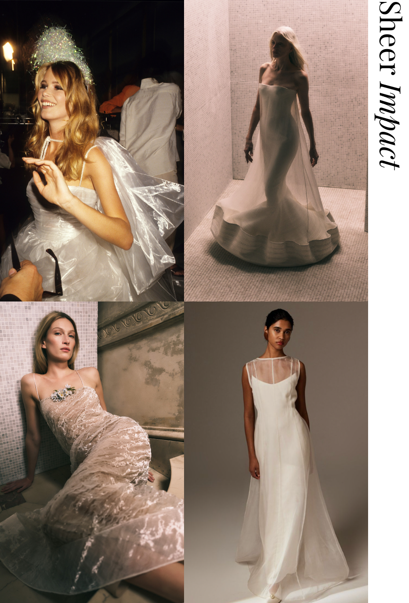 A collage showcasing the sheer impact wedding dress trend.