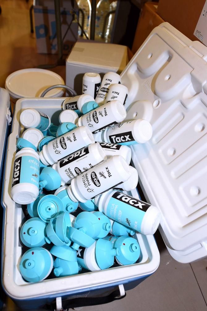 Etixx-QuickStep bottles are ready for a training day in Calpe, Spain.