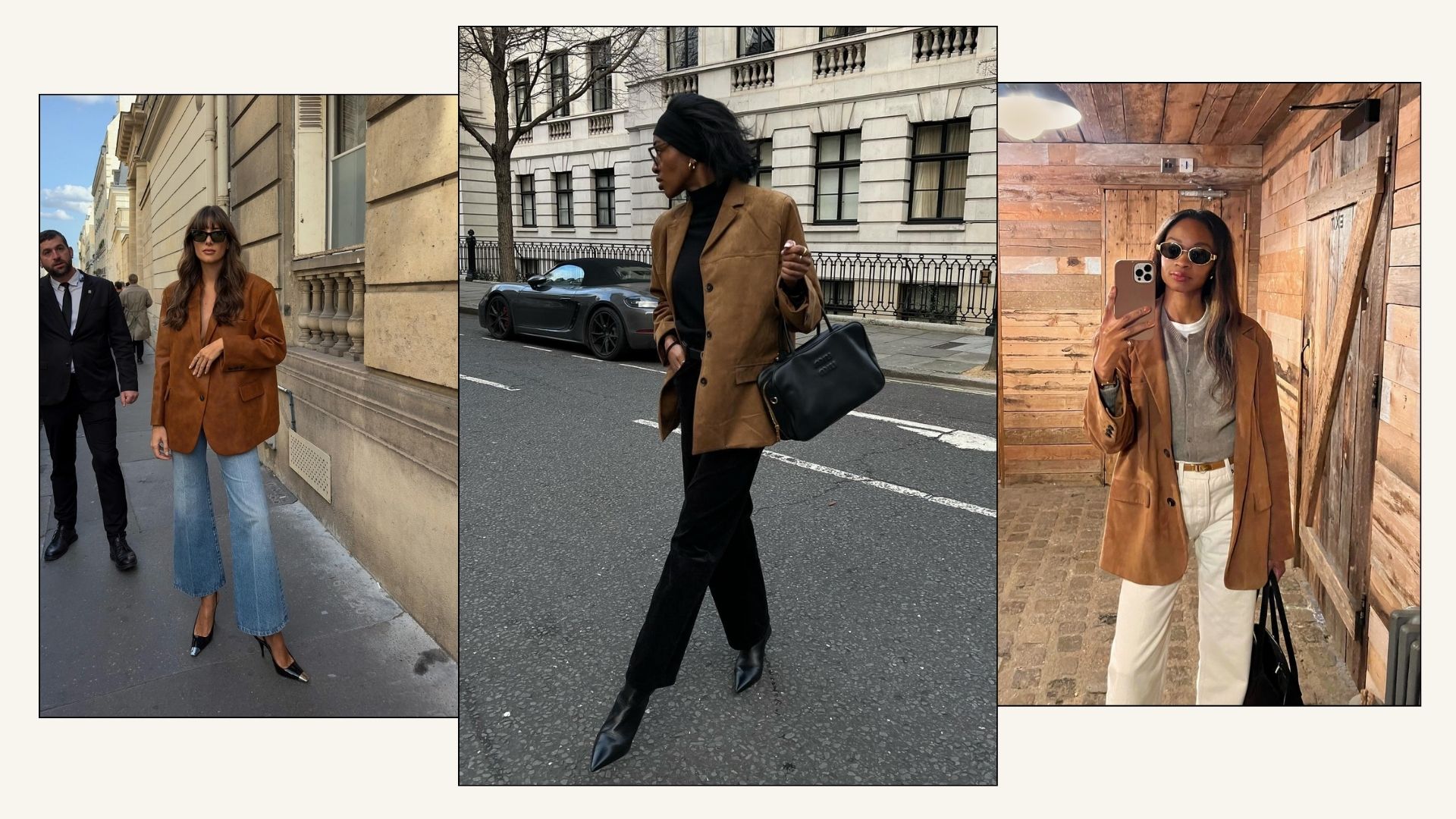 Influencers wear brown suede blazers with jeans and trousers.