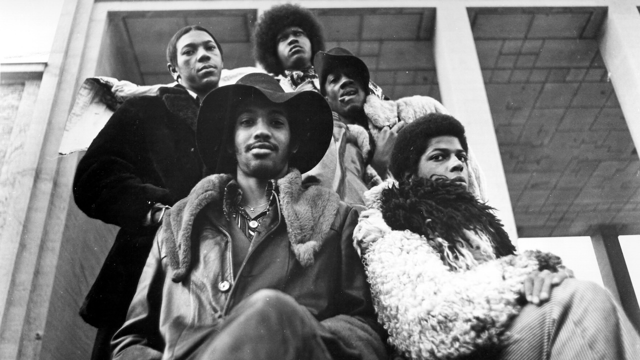 Drummer Tiki Fulwood, guitarist Tawl Ross, keyboardist Bernie Worrell, Billy "Bass" Nelson, and guitarist Eddie Hazel of the funk group Parliament-Funkadelic pose for a portrait in 1971.