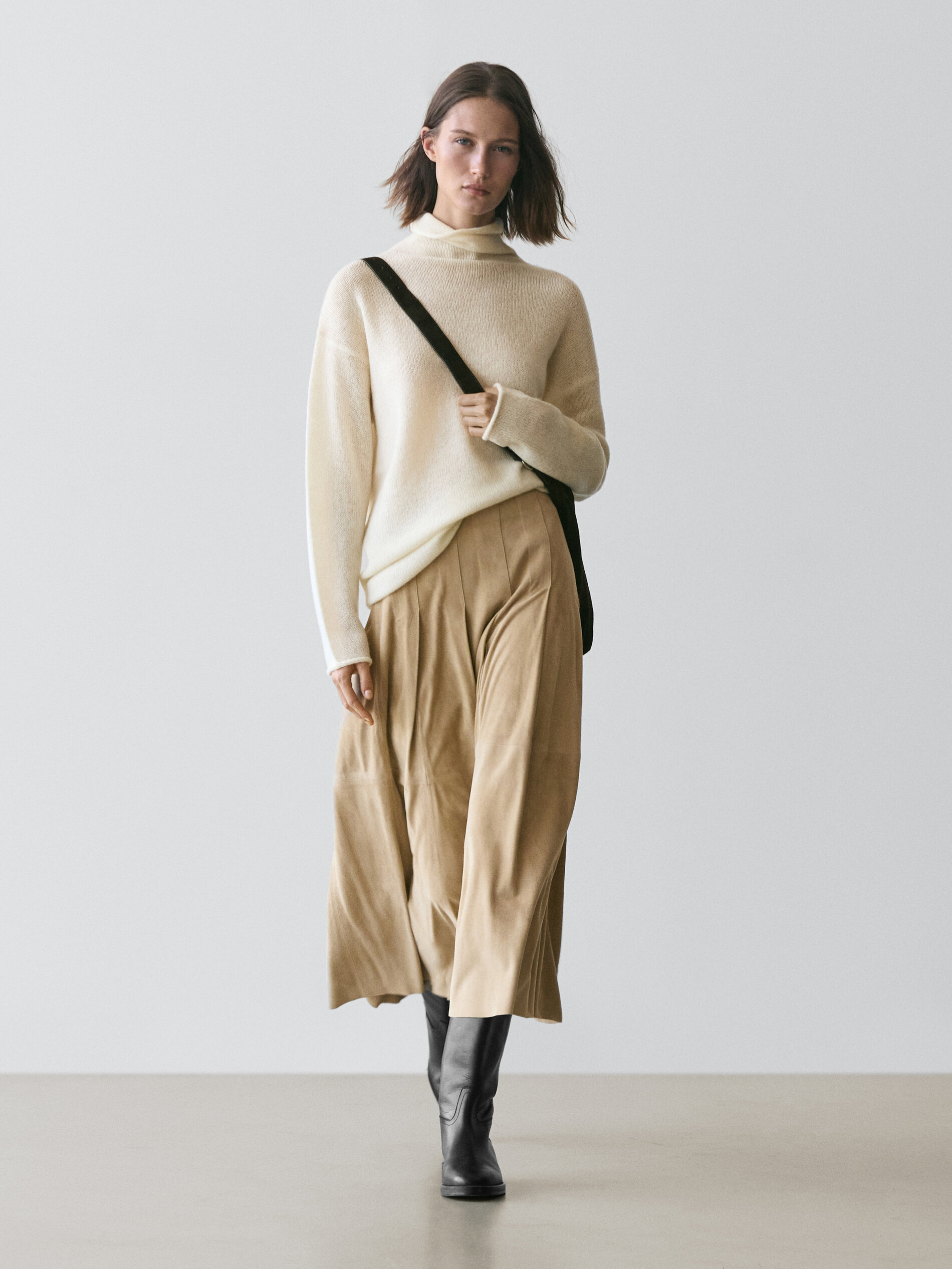 Long Pleated Suede Leather Skirt
