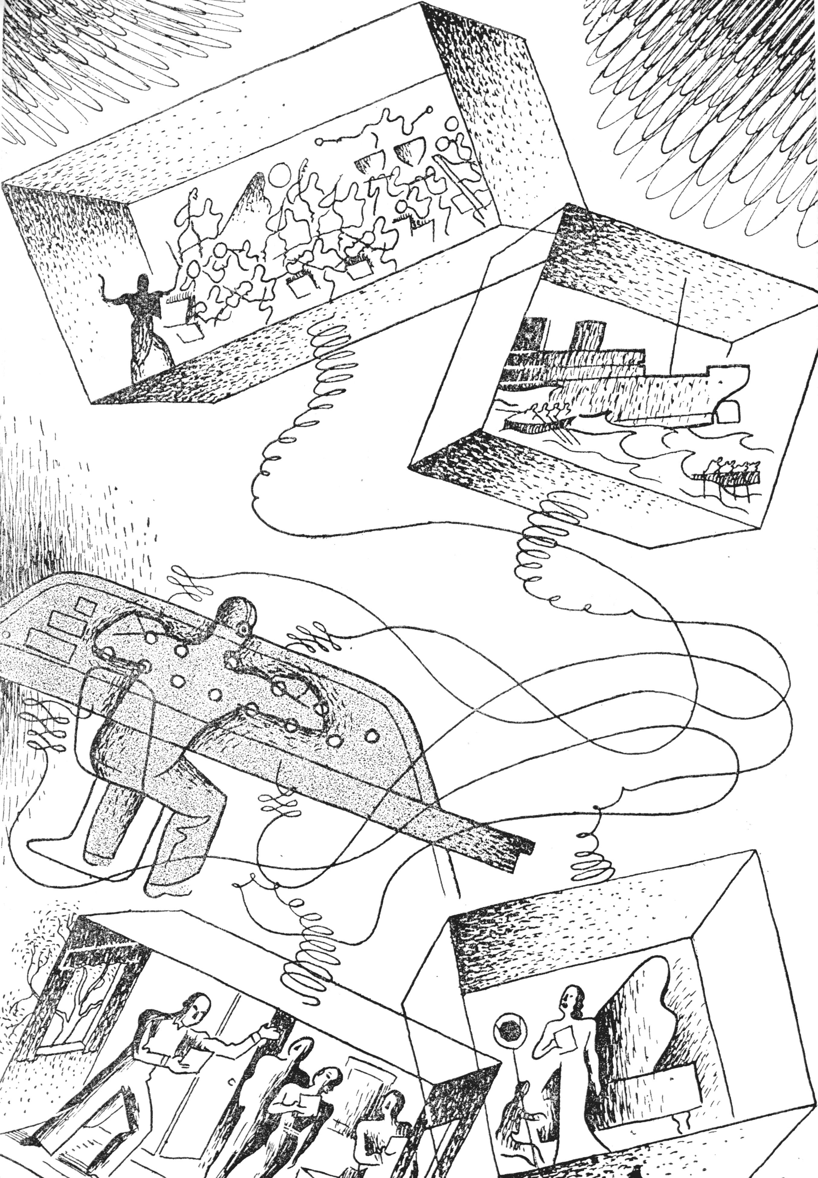 Sketch by Victor Reinganum depicting Lance Sieveking's method of multiple studio production using the Dramatic Control Panel, c.1932