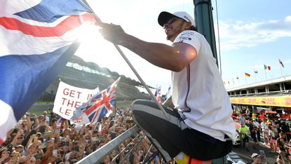 Mercedes driver Lewis Hamilton celebrates his win at the 2019 F1 Hungarian Grand Prix 