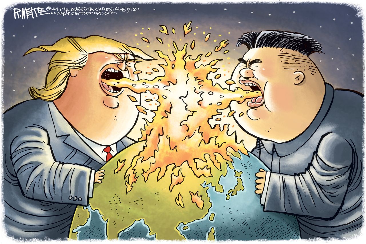 Political cartoon U.S. Trump Kim Jong Un nuclear weapons