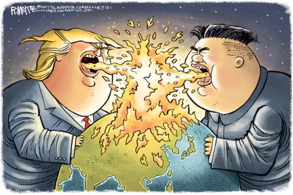 Political cartoon U.S. Trump Kim Jong Un nuclear weapons