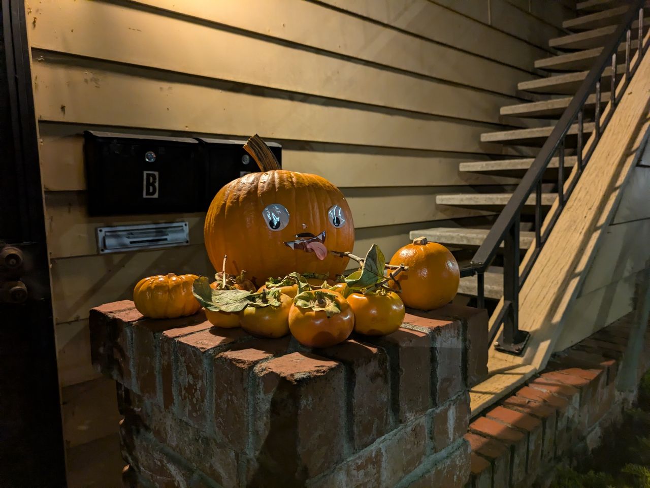 An assortment of pumpkins shot at night by the Pixel 8a