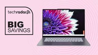 Lenovo yoga slim 7i aura edition laptop on pink background with big savings text overlay