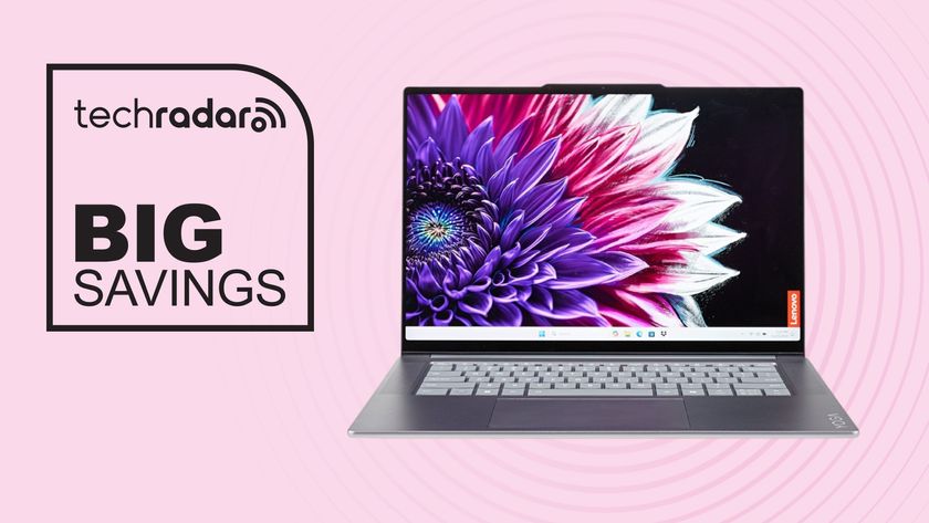 Lenovo yoga slim 7i aura edition laptop on pink background with big savings text overlay