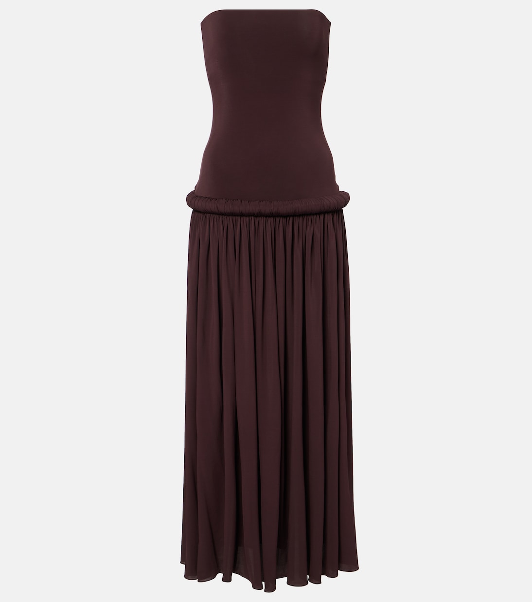 Strapless Gathered Jersey Maxi Dress