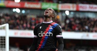 Arsenal target Wilfried Zaha of Crystal Palace reacts after a missed scoring opportunity during the Premier League match between Arsenal FC and Crystal Palace at Emirates Stadium on March 19, 2023 in London, England.