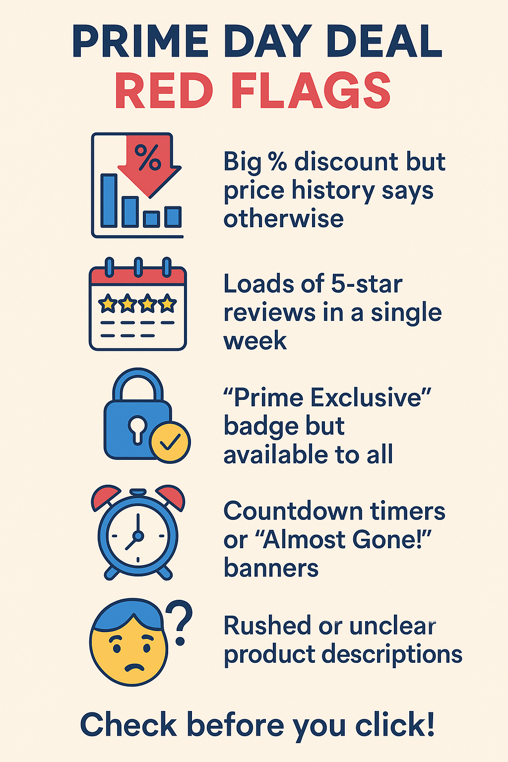 An image showing a checklist for Prime Day deals red flags