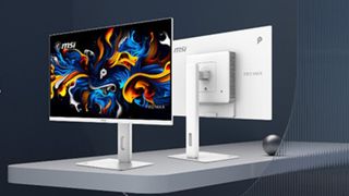 MSI's Pro Max OLED 271UJW12 gaming monitor on a grey background